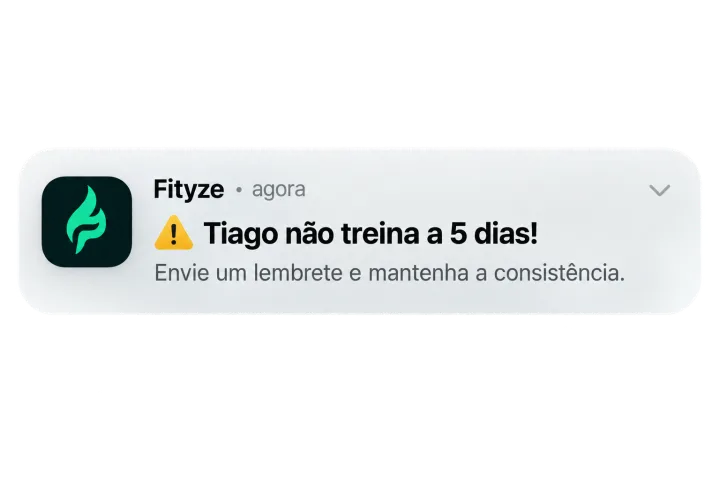 Alerta do Fityze para um aluno sem treino registado
